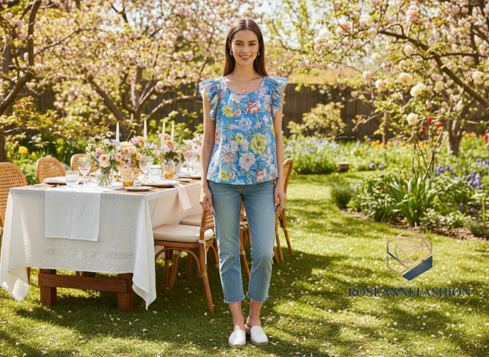 LOFT Petite Floral Ruffle Sleeve Top Sz S Blue NWT
